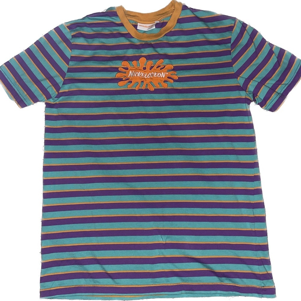 Nickelodeon Striped Embroidered Logo Short Sleeve T-Shirt Slime Logo Size Medium